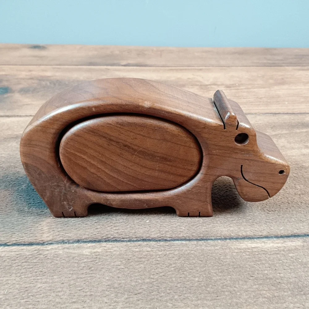 Hippo Puzzle Trinket Box Brown Good Hand Carved Wood MCM